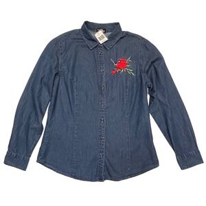 Trilogy Denim Red Cardinal Bird Embroidered Long Sleeve Button Down Shirt Size M